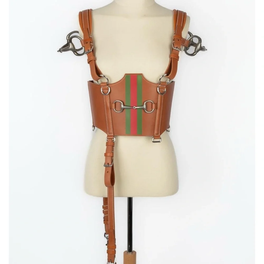 Gucci Tan Leather Harness with Green and Red Stripes - Picture 7 of 8
